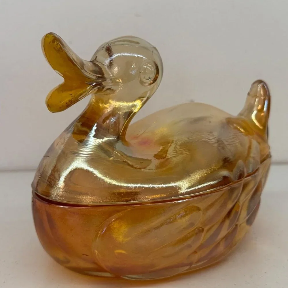 Jeanette Duck Powder Dish Iridescent Amber Glass Trinket Mamma Quack 1940's